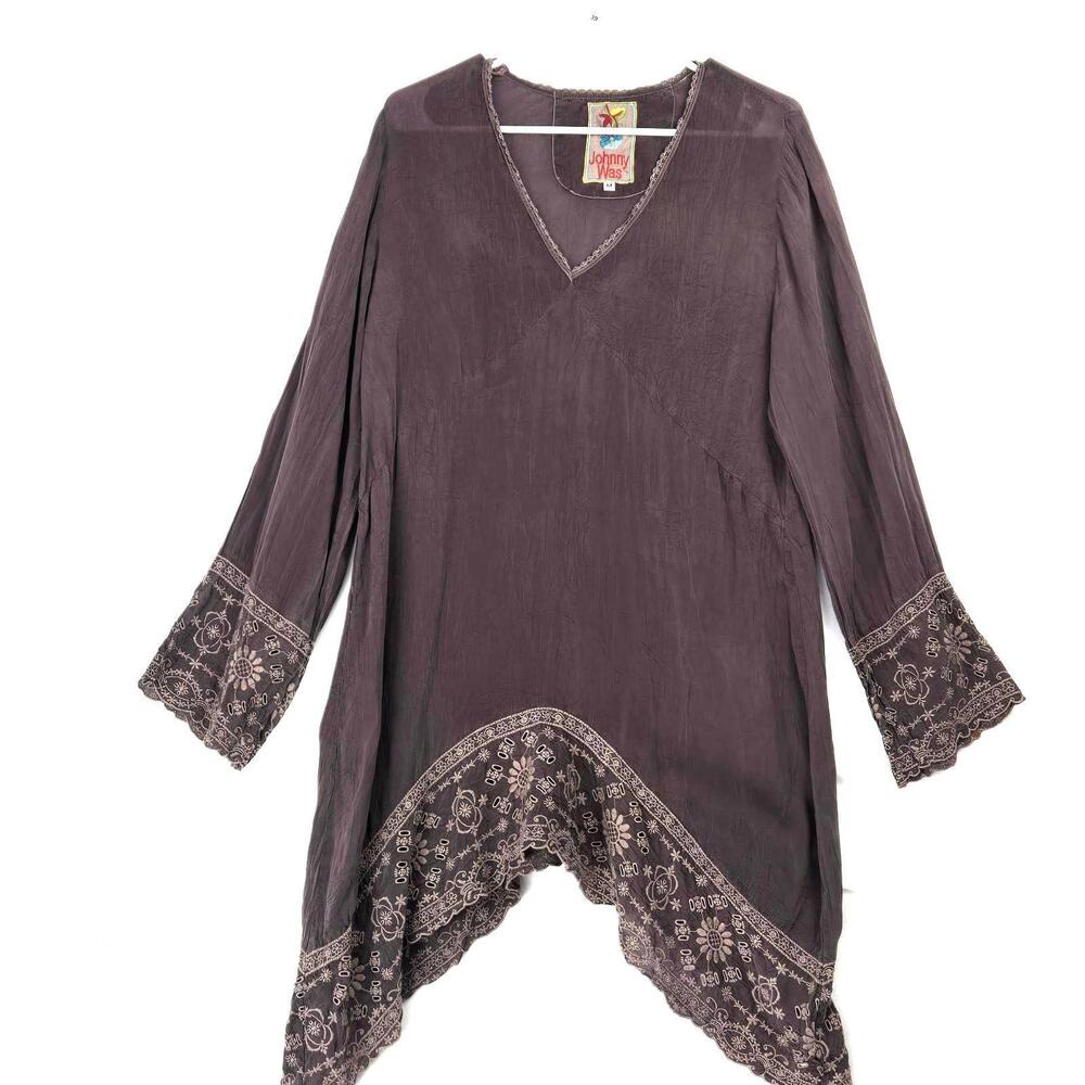 Johnny Was Brown Embroidered Asymmetrical V-neck Tunic Top Size M
